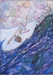 Han gav tre skibe op af vandet, en yard høj, og pladask fra The Water Babies pub. af Humphrey Milford Oxford University Press, ca. 1930 (farve litho) af Albert Edward Jackson