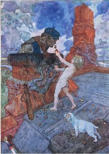 Han tog et levende kul og lagde det til Grimes-tærte, fra The Water Babies pub. af Humphrey Milford Oxford University Press, ca. 1930 (farve litho)