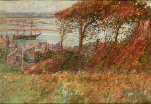 Skovbevoksning over havnen om efteråret (olie på lærred) af Albert Ernest Victor Lilley