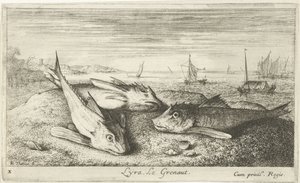 Tre saltvandsfisk på stranden Lyta, Le grenaut. (titel på objekt) Fisk og andre havdyr - saltvands første serie (serietitel) Diverse Especes de Poissons de mer (serietitel)