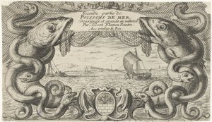 Havlandskab med kant af havdyr og et fiskenet Fisk og andre havdyr - saltvands anden serie (serietitel) Poissons de mer (serietitel på objekt) af Albert Flamen