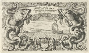 Havlandskab med kant af havdyr og et fiskenet Fisk og andre havdyr - saltvands anden serie (serietitel) Poissons de mer (serietitel på objekt) af Albert Flamen