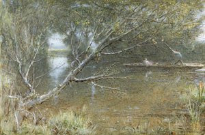 A Thames Backwater, c.1860-c.1932 (akvarel, kropsfarve, pen og blæk på papir) af Albert Goodwin