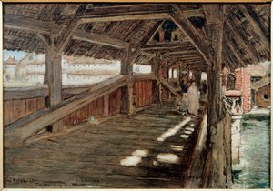 Broen med de dødes dans (Spreuerbrucke) i Luzern. Maleri af Albert Goodwin (1845-1932). Olie på lærred. Privat samling.