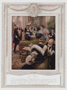 Belle Epoque Paris, moderigtig dame, der tager te (farve litho) af Albert Guillaume