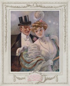 Belle Epoque Paris, moderigtig dame med sin beundrer (farve litho) af Albert Guillaume