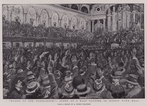 Hænderne op for Federation!, Scene ved et massemøde i Sydney Rådhus af Albert Henry Fullwood