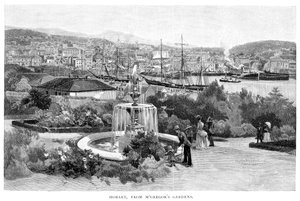 Hobart fra McGregors Gardens, Tasmanien, Australien, 1886.
