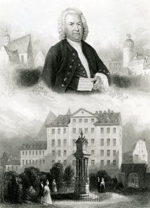 Portræt af Johann Sebastian Bach (1685-1750) og monument af Albert Henry Payne
