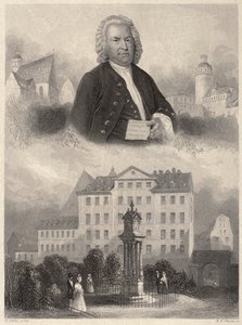 Portræt af Johann Sebastian Bach, Bach-monumentet og Thomaskirken og -skolen i Leipzig, ca. 1860