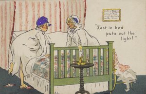 "Sidst i seng slukker lyset!" (farve litho) af Albert Jnr. Ludovici