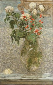 Hvide krysantemum og røde bær (olie på lærred) af Albert Joseph Moore