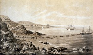 installation af det første transatlantiske telegrafiske kabel mellem Irland og Canada (1857) gravering af Albert Kruger ca. 1870 af Albert Kruger