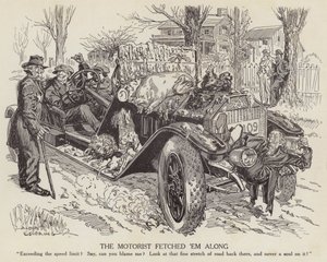Tegneserie, der håner en mand, der kører sin bil over hastighedsgrænsen (litho) af Albert Levering