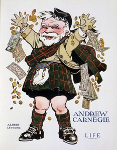 Opladningsportræt af Andrew Carnegie i plaiddragt og kaster penge - af Albert Levering (1869-1929), i "" Life"" fra 13/04/1905 af Albert Levering