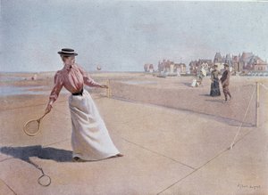 Amatør tenniskamp på stranden - tegning af Lynch, 20. århundrede af Albert Lynch