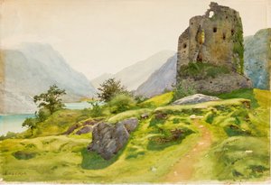 Bjerglandskab med ruin