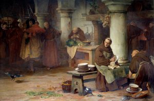 Sankt Bonaventure (San Bonaventura) (1217-1274) modtager den lilla kardinalice En høj embedsmand fra Vatikanet bringer kardinalens bar til munken, der indtager menageriets aktiviteter i klostret. Maleri af Albert Pierre Dawant (1852-1923) 1897 søn. 1,4x