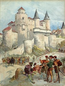 En fange, Francois 1. (1494-1547) blev låst inde i et tårn på Alcazar i Madrid (Spanien) indtil 1526. Illustration af Albert Robida