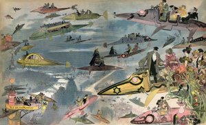 Forventning: udgivelsen af Paris Opera i 2000, set af designeren Albert Robida i 1900. Pariserne cirkulerer gennem alle slags luftfartøjer.