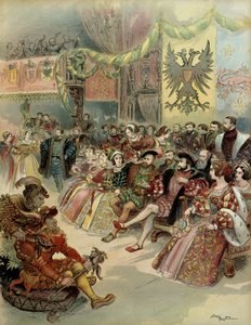 Bal ved hoffet til kongen af Frankrig, Francois 1. (1494-1547), med tilstedeværelse af Charles V (1500-1558), konge af Spanien og kejser af Det Hellige Romerske Rige Germanic, i slottet Fontainebleau, i 1539. Illustration af Albert Robida