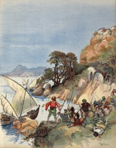 Barbary-pirater terroriserer Middelhavets kyst, kidnapper indbyggerne for at sælge som slaver, illustration fra 