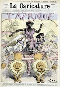 Tegneserie om kolonialisme i Afrika “” Fantastisk udpakning af afrikanske koloninyheder, tag dit valg! Et helt kontinent at dele, fantastiske lejligheder, stykker af Congo, stykker af Guinea" af Robida - i "" La Caricature"" fra 05/02/1887
