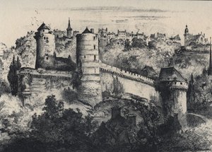 Chateau de Fougeres - borgfort i departementet Ille-et-Vilaine. Det gamle Frankrig - Bretagne - tekst, tegninger og litografier, af Albert Robida (1848-1926) udateret slutningen af 1800-tallet af Albert Robida