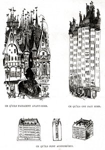 Kritik af det moderne byggeris grimhed i Paris med fortidens, nutidens og fremtidens arkitektur af Albert Robida