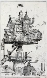 Tegningen viser en boligstruktur hævet over tagene og designet til at dreje og justere i forskellige retninger, tegning af Albert Robida ca. 1883 af Albert Robida