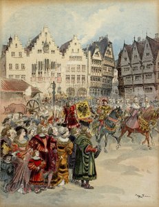Valg af Karl V (1500-1558) som kejser af Tyskland den 28. juni 1519. De syv kurfyrstekoretge løber gennem gaderne i Frankfurt (Tyskland). Illustration af Albert Robida