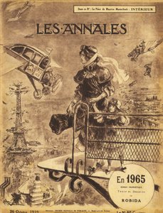 Første udgivelse af den profetiske roman "En 1965"" af Albert Robida (1848-1926) i 1919 i magasinet "Annales Politiques et Litteraires" - Paris lider af trafikpropper... i himlen! Selvflyvende (selvflyvende) og taxafly (fly af Albert Robida