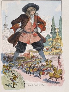 Gulliver ved Lilliput Arm Review - i "" Gulliver Voyages"" af Swift, ill. af Robida af Albert Robida