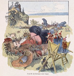 Gulliver bundet af Lilliputians - i "" Gulliver Voyages"" af Swift, ill. af Robida af Albert Robida