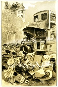 Illustration af Albert Robida (1848-1926) til Leon Berthaults bog "Le record du tour du monde", udgave Mame debut 20. århundrede (1911) - en trafikulykke i Paris omkring 1900: bil ramt af en omnibus. Chaufføren er kvæstet - af Albert Robida