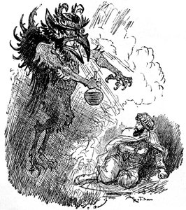 Albert Robidan (1848-1926) kuvitus arabilegendasta (1001 yötä) (Tales of the Thousand and One Nights): kamala demoni (paha henki) esittelee miehelle pullon viiniä. kaiverrus kirjasta "Choix de luennot" Armand Colin 1926. af Albert Robida