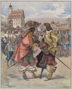 Illustration til Le Capitaine Bellormeau af og illustreret af A Robida (farve litho) af Albert Robida