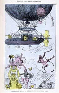 Hændelse ved afgang af ekspeditionen til Nordpolen (aerostat og skøre scener), parodi på Jules Verne, "" Meget ekstraordinære rejser af Saturnin Farandoul i 5 eller 6 dele af verden og i alle de lande, der er kendt eller ukendt for Mr. Jules Verne” af Albert Robida