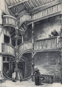 Interiør af et hus i Morlaix - Det gamle Frankrig - Bretagne - tekst, tegninger og litografier, af Albert Robida (1848-1926) udateret slutningen af 1800-tallet af Albert Robida