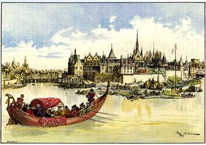 Kong Henri III i en båd, der lægger den første sten til Pont Neuf over Seinen i Paris, 31. maj. af Albert Robida