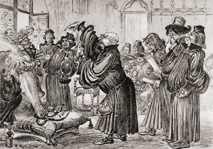 Le Sophiste feut introduict et commença sa harangue en toussant eller Sofisten blev introduceret og begyndte sin tale med at hoste. af Albert Robida