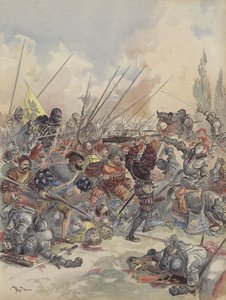Kongen i Pavia, falder fra sin hest, såret, kæmper mod skyen af ​​overfaldsmænd, der omgiver ham (farve litho) af Albert Robida