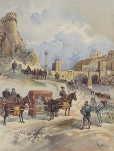 Marguerite af Frankrig, der skal besøge sin bror, bliver modtaget ved Pont de Toledo af Charles V af Albert Robida