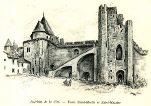 Medievale Cite de Carcassonne (Aude, Languedoc, Pays Cathare) - Tours Saint Martin (Saint Martin) og Saint Nazaire (Saint Nazaire) med huse bygget mod voldene - romantisk gravering af Albert Robida (1848-1926) i en bog udgivet på begynder af Albert Robida