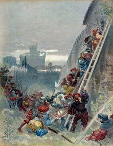 Syvende italienske krig (1526-1529): Karl III af Bourbons død (1490-1527) ved belejringen af Rom den 6. maj 1527. Illustration af Albert Robida
