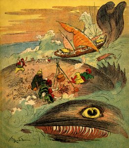 Sømanden Sindbad (Sinbad) - fortælling om de tusind og en nat (1001) - bog fra 1948, der fortæller sine eventyr (Fortin-udgaven, Wonderful Imaging of childhood collection) - illustration af Albert Robida (1848 - 1926): Sindbad og hans ledsagere har mislykk af Albert Robida