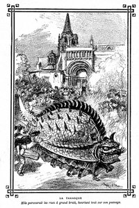 Tarasconin taraski, upea Provencen kansanperinteen hirviö: Albert Robidan kuvitus A Mironneaun koulukirjasta "Choice of readings", Librairie Armand Colin 1911 - af Albert Robida
