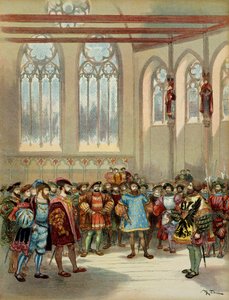 Bourgogne-herauten, sendt af Charles V (1500-1558), blev modtaget af Francois I (1494-1547) i den store sal i Parliamentarom i Paris, første halvdel af det 16. århundrede. Illustration af Albert Robida