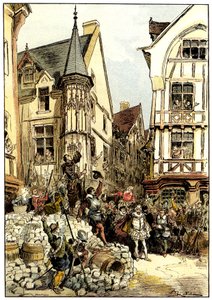 Duc de Guise tiljublet af folkemængden og soldater fra regimentet Gardes Francaises i Paris på barrikadedagen af Albert Robida