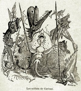 Quaresmeprenants hær. Soldater er repræsenteret som fisk, hvoraf nogle kun har aretes, ved henvisning til Caremes magre (unge) måltid. Illustration af Albert Robida (1848-1926) til en episode af Fourth Livre af Francois Rabelais - Librairie Arm af Albert Robida